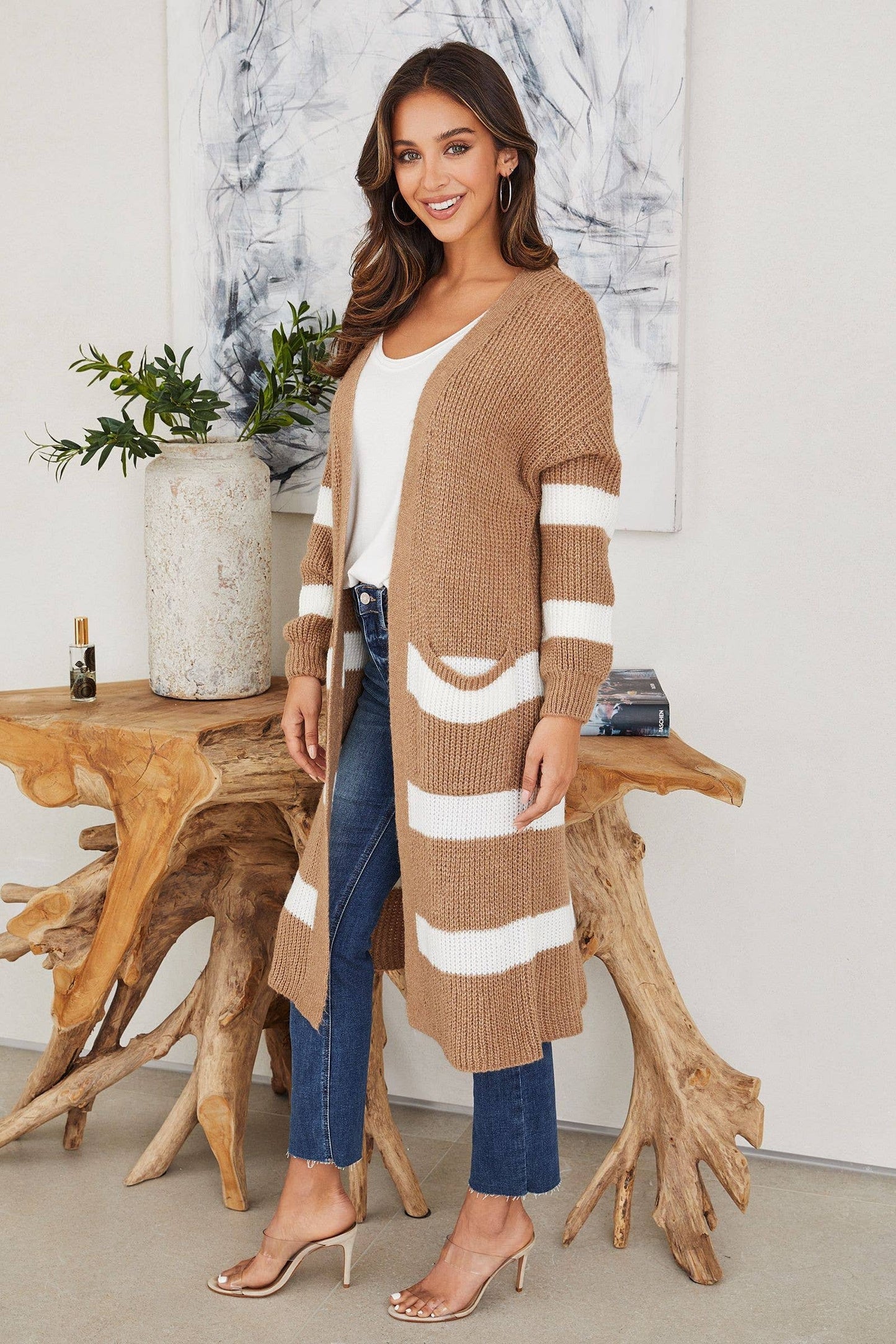 Striped Long Cardi - Camel