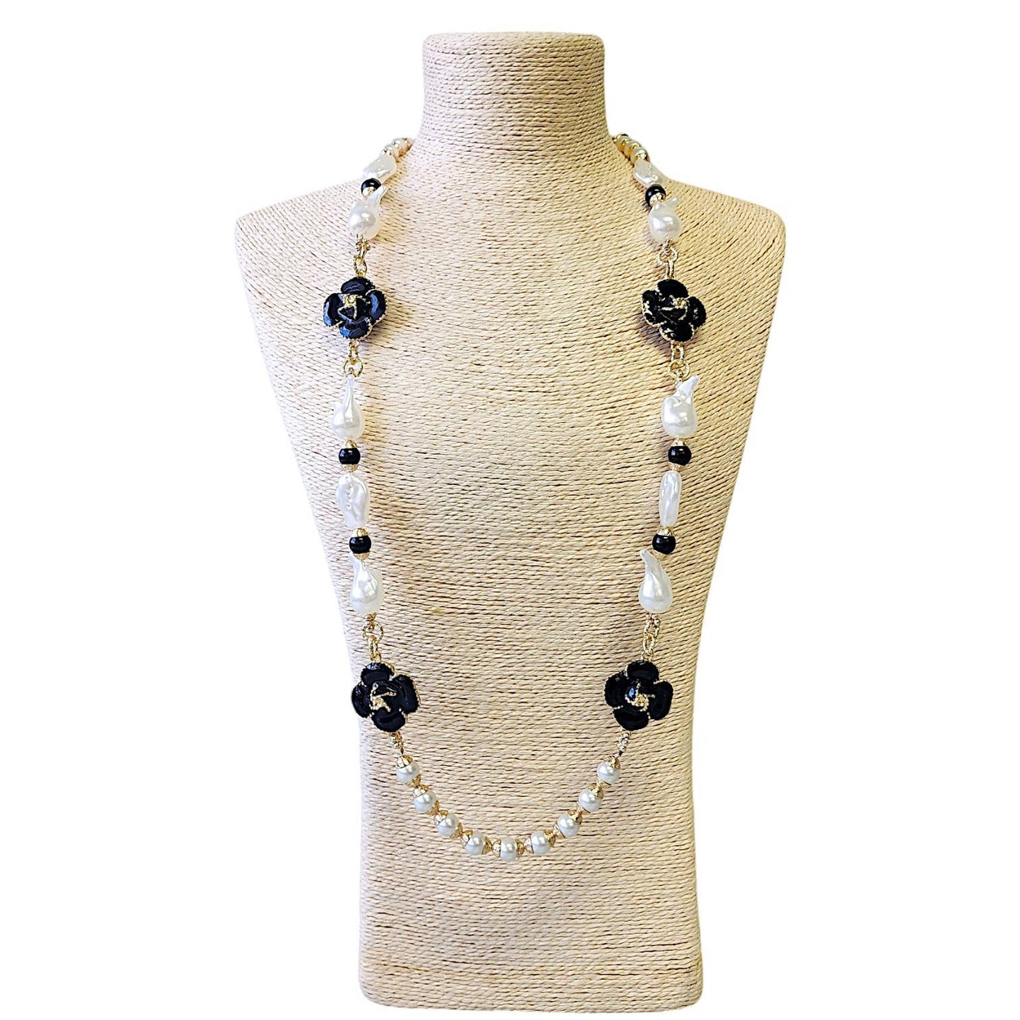 Long Pearl & Flower Necklace