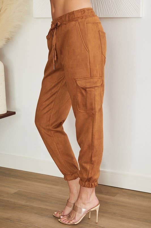 Faux Suede Cargo Joggers - Camel