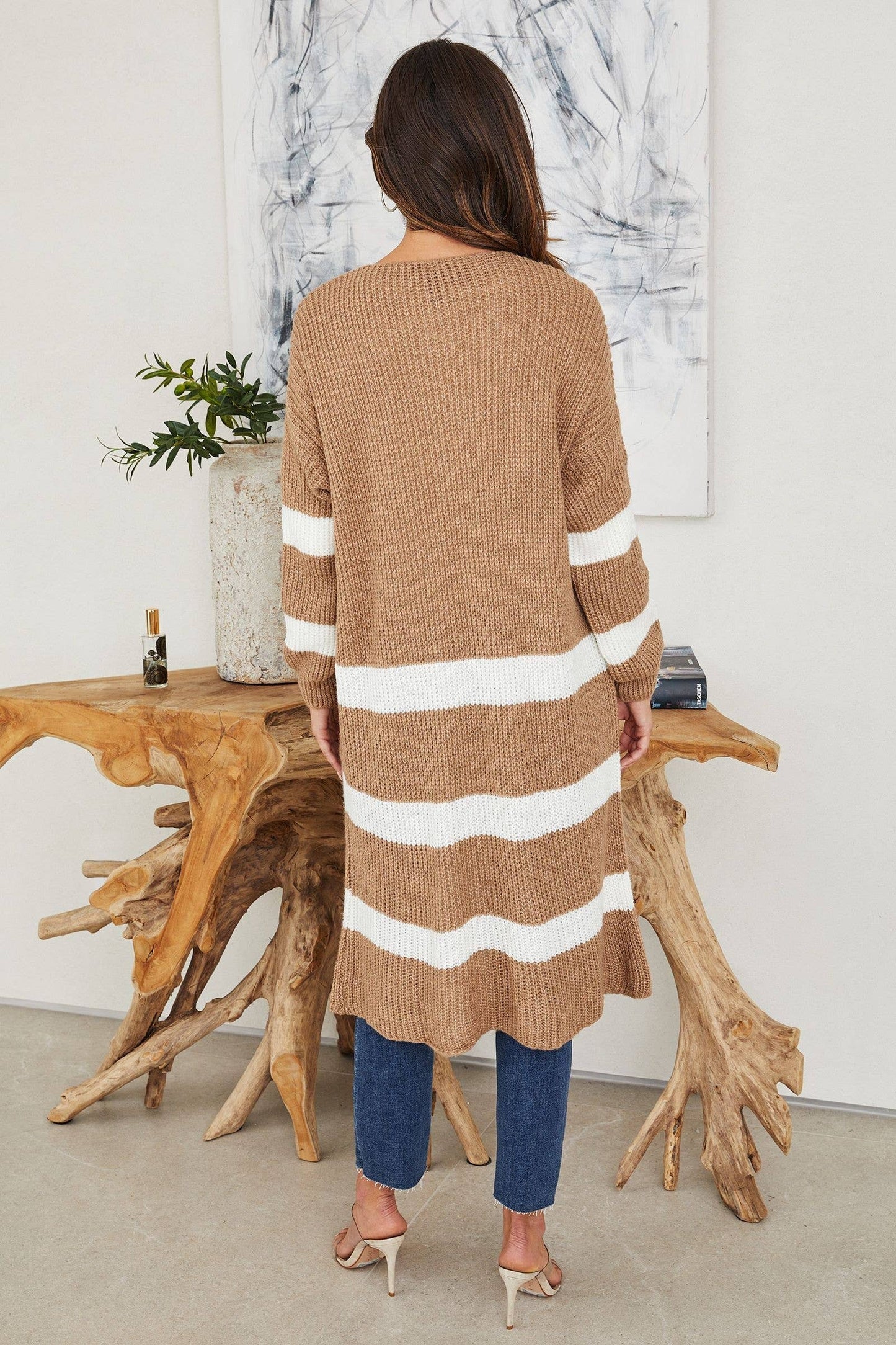 Striped Long Cardi - Camel
