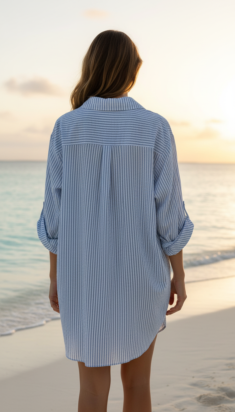 LAST CALL O/S | Italian Striped Cotton Shirt Dress - Blue