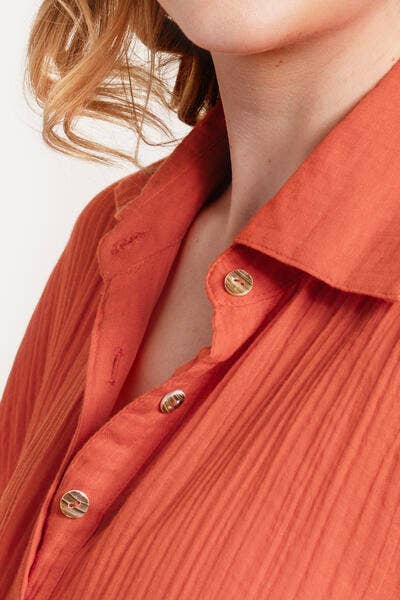 Oversized Textured Cotton Shirt - Orange
