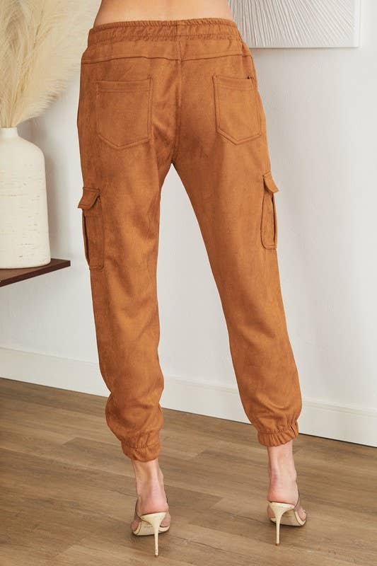 Faux Suede Cargo Joggers - Camel