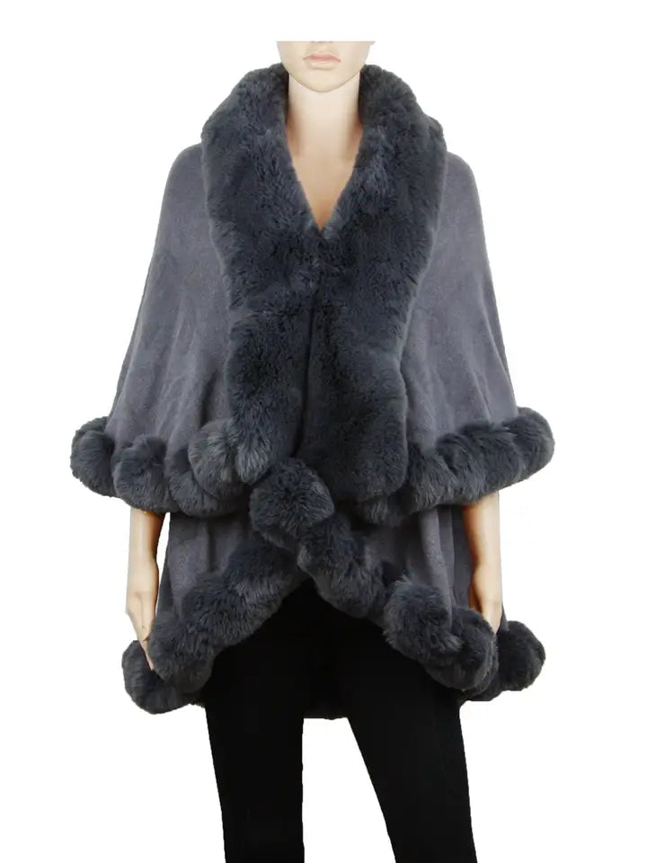 Faux Fur Trim Shawl Poncho