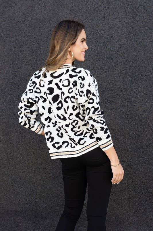 White Leopard V-Neck Sweater