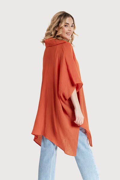 Oversized Textured Cotton Shirt - Orange