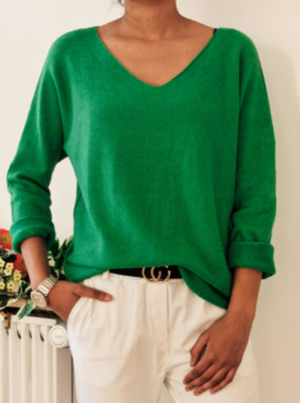 Italian V-Neck Knit Sweater - Green