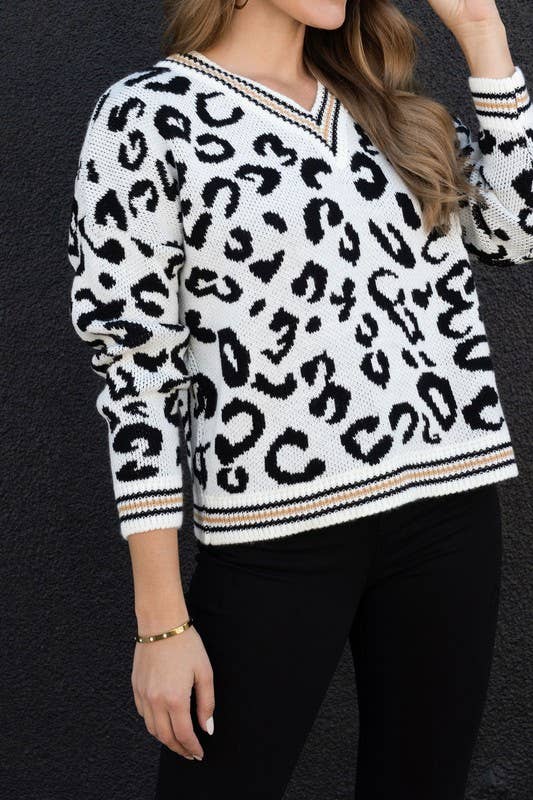 White Leopard V-Neck Sweater