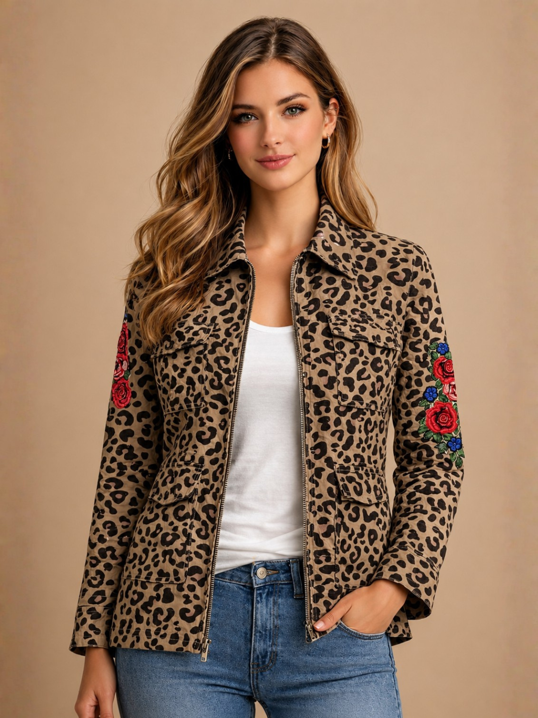 Leopard Print Embroidered Utility Jacket