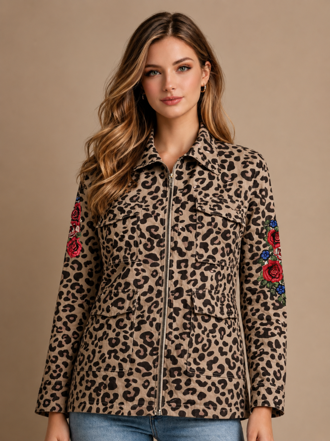 Leopard Print Embroidered Utility Jacket