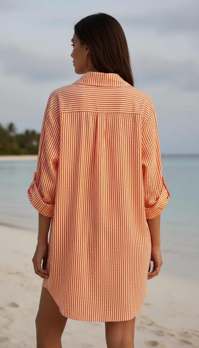 Italian Striped Cotton Shirt Dress - Sorbet