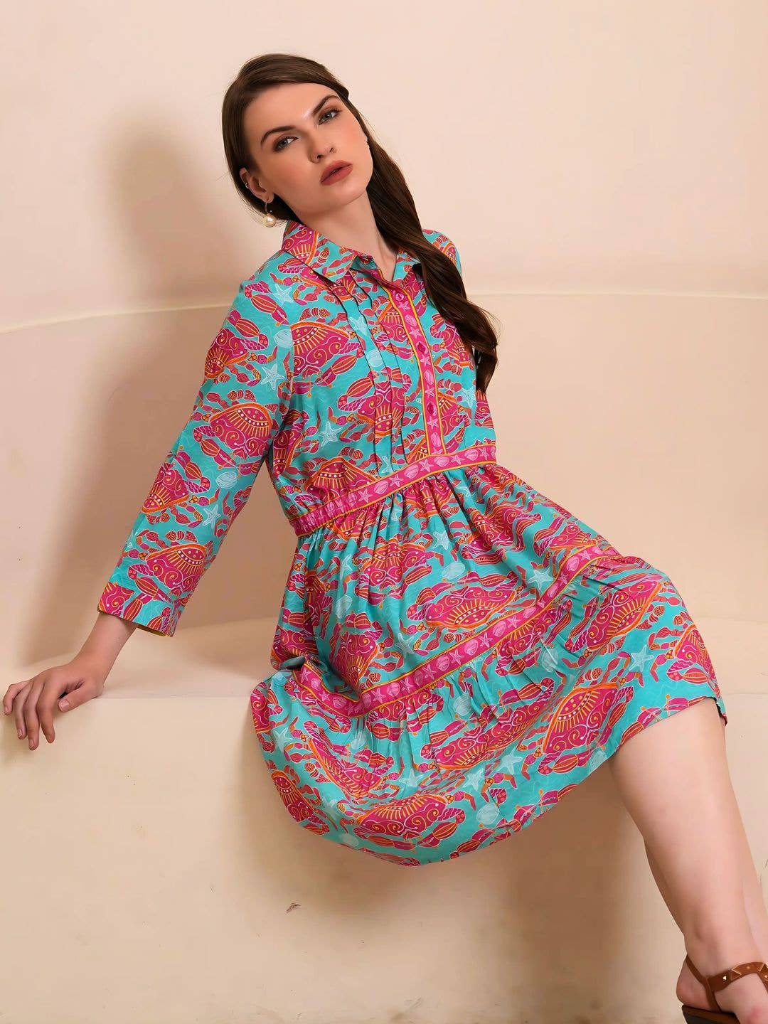 LAST CALL SIZE XS| Tropical Print Tiered Shirt Dress