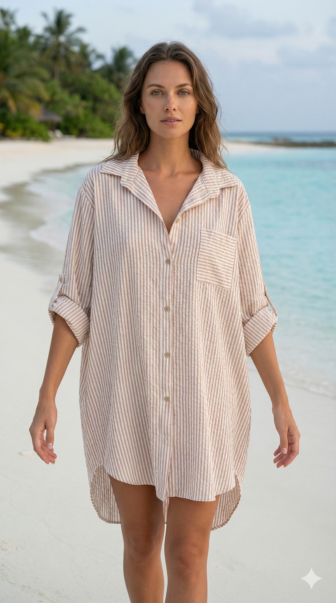 Italian Striped Cotton Shirt Dress - Sand