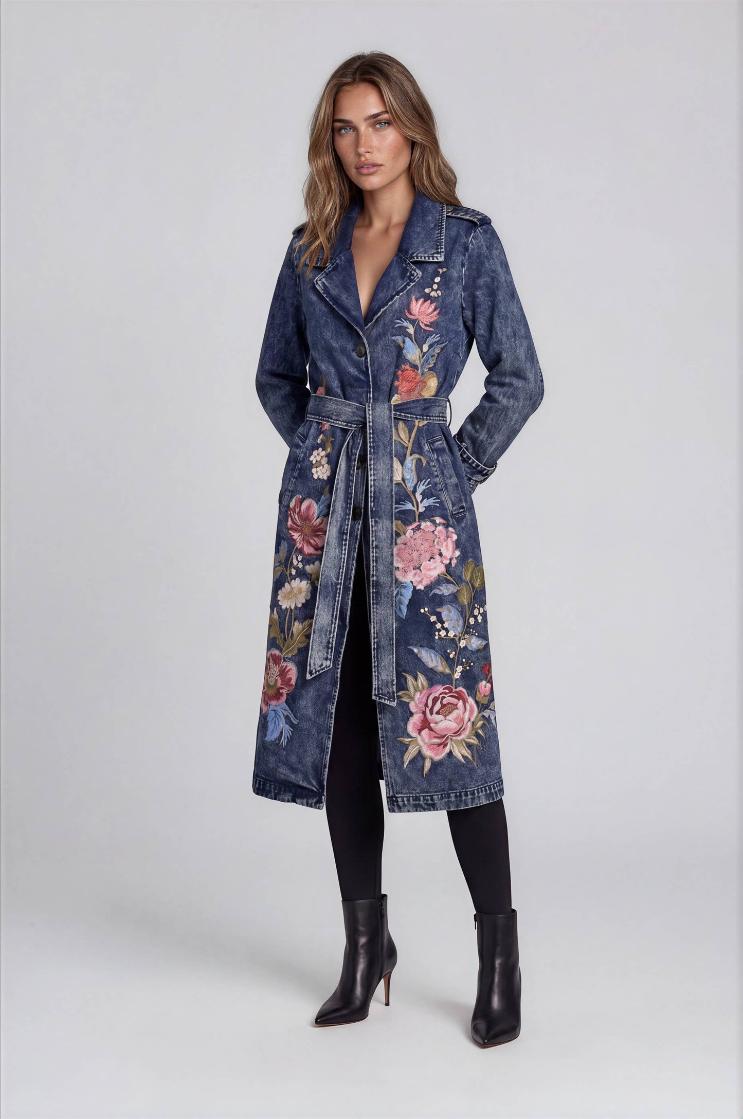 Embroidered Denim Trench Coat
