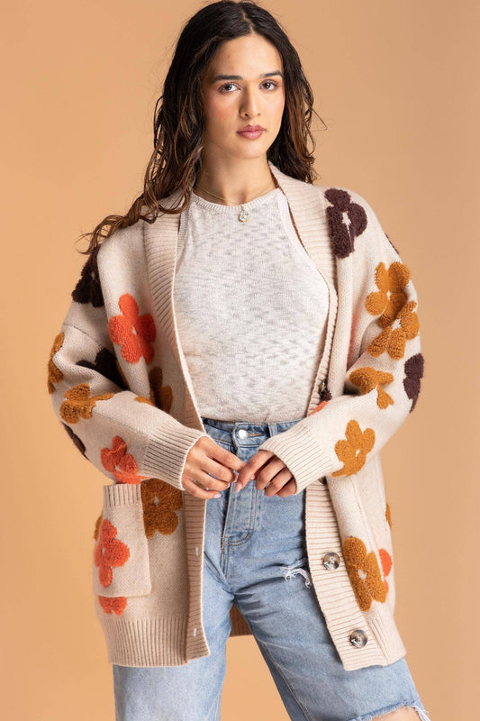 Autumn Floral Knit Cardigan - Beige