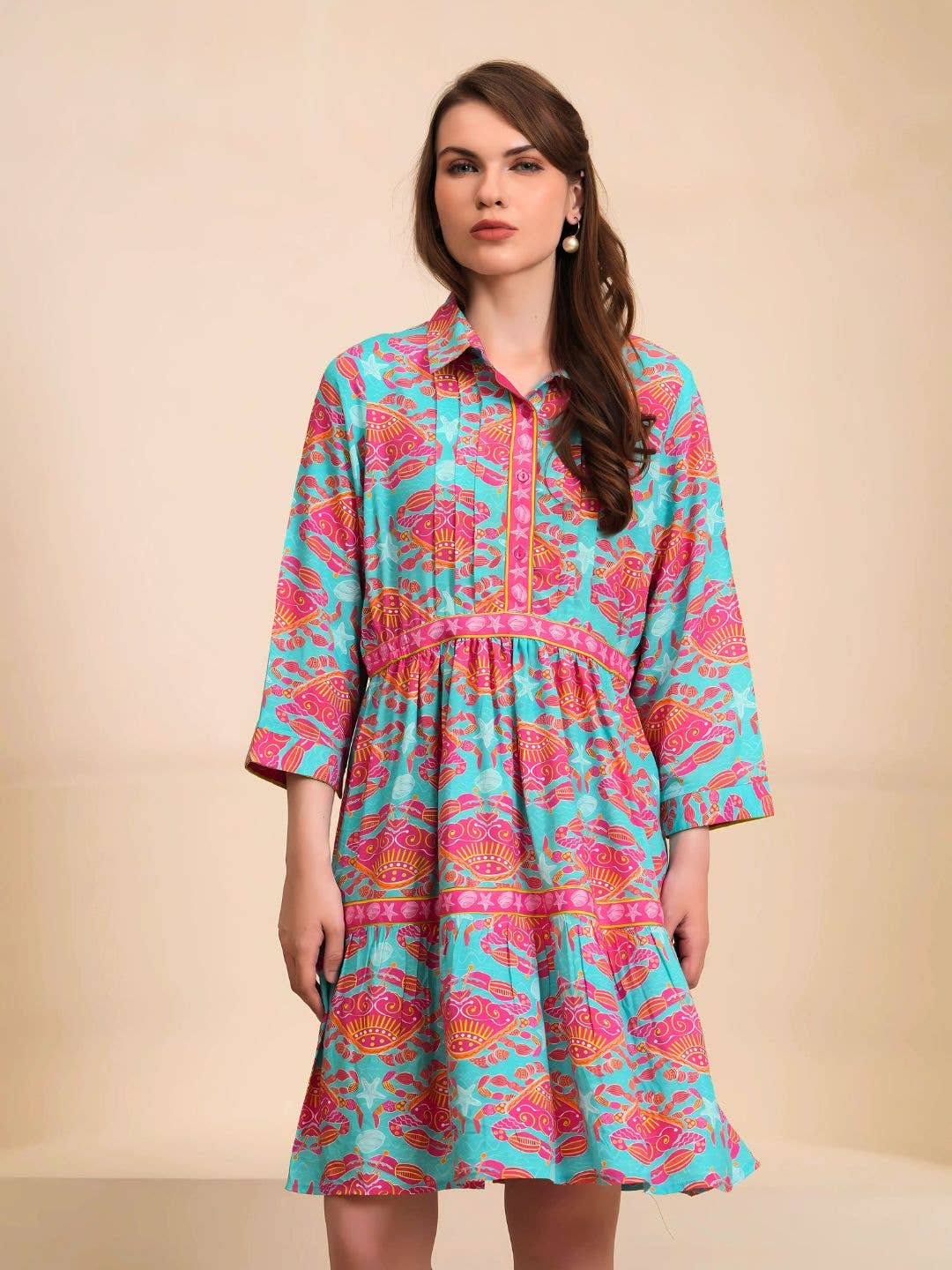 LAST CALL SIZE XS| Tropical Print Tiered Shirt Dress