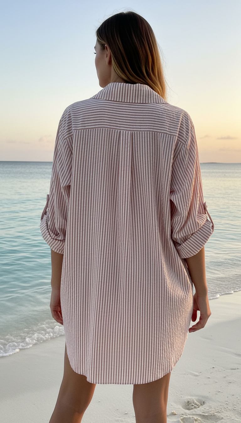 Italian Striped Cotton Shirt Dress - Sand