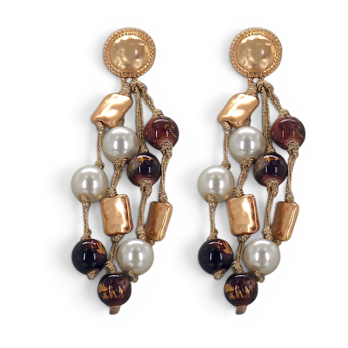 Bead & Pearl Earrings - Brown