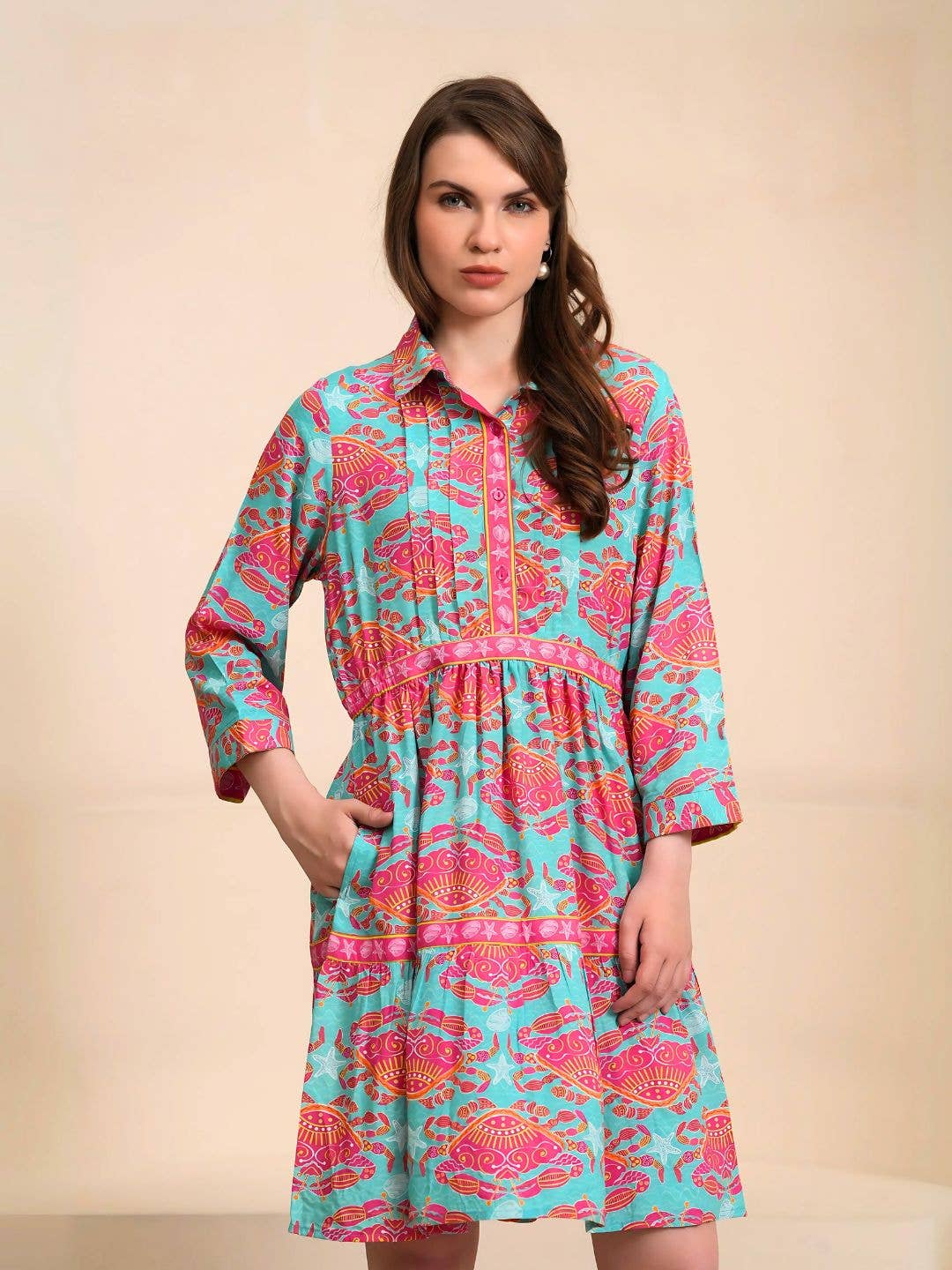 LAST CALL SIZE XS| Tropical Print Tiered Shirt Dress
