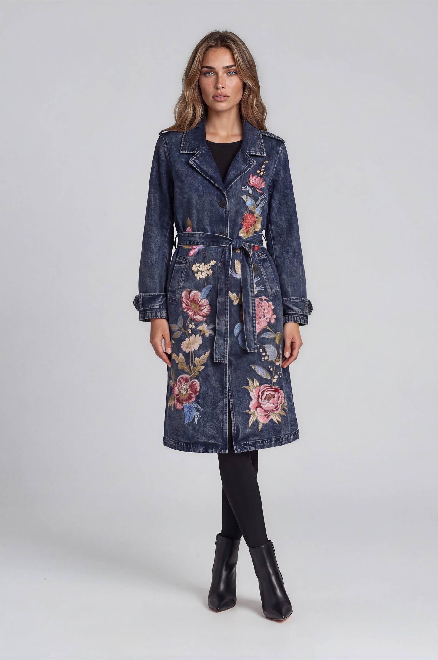 Embroidered Denim Trench Coat