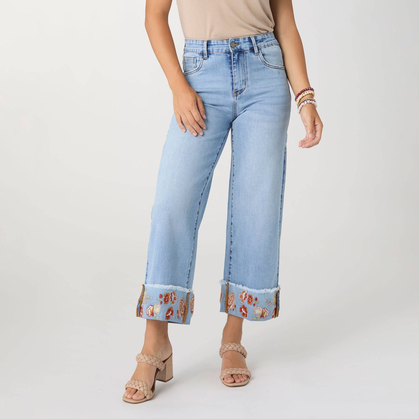 Wide Leg Crop with Embroidered Cuff