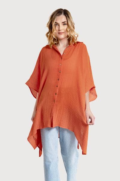 Oversized Textured Cotton Shirt - Orange