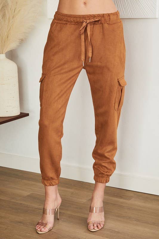 Faux Suede Cargo Joggers - Camel