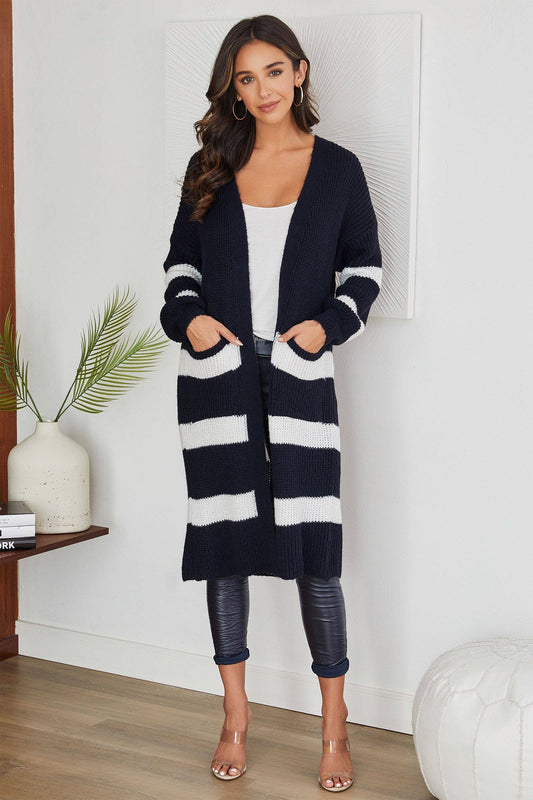 Striped Long Cardi - Deep Navy