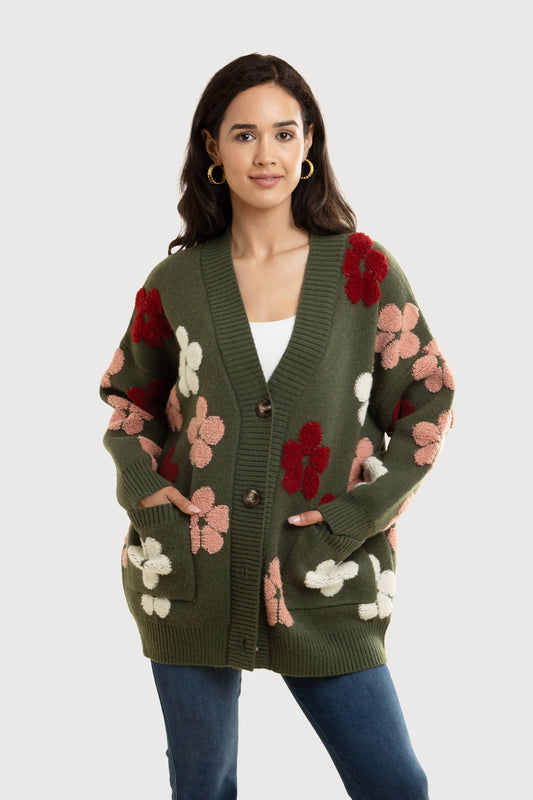 Autumn Floral Knit Cardigan - Forest