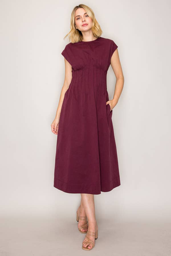 Pleated Twill Midi Dress
