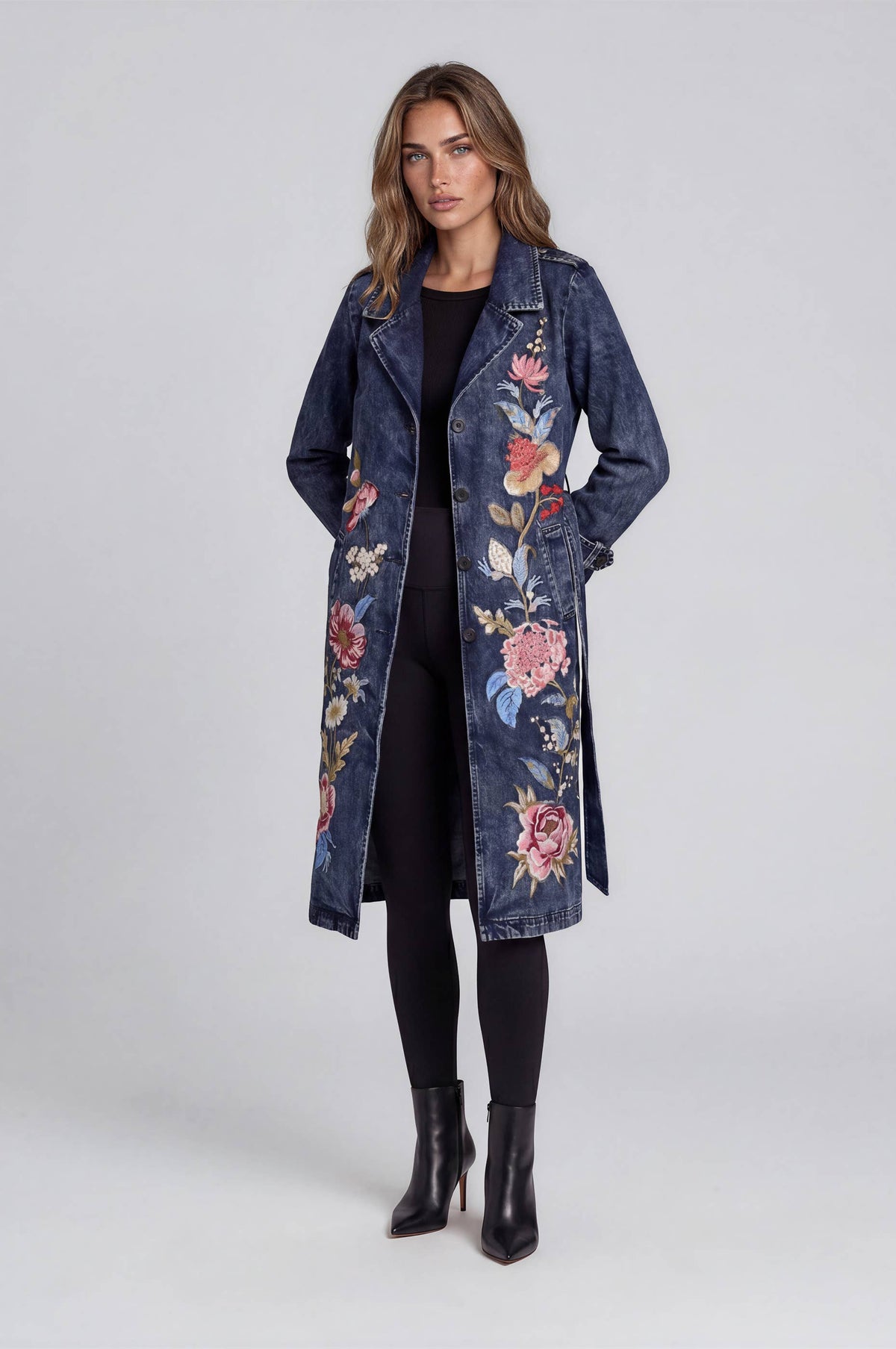 Embroidered Denim Trench Coat
