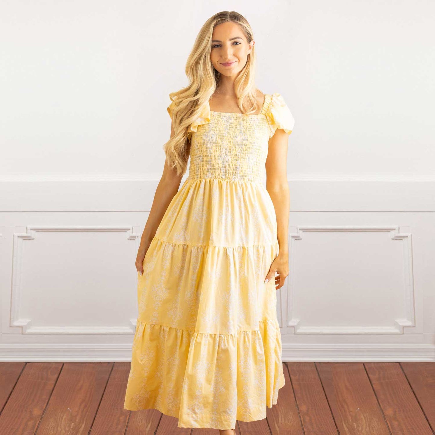 Golden Damask Flutter Sleeve Dress
