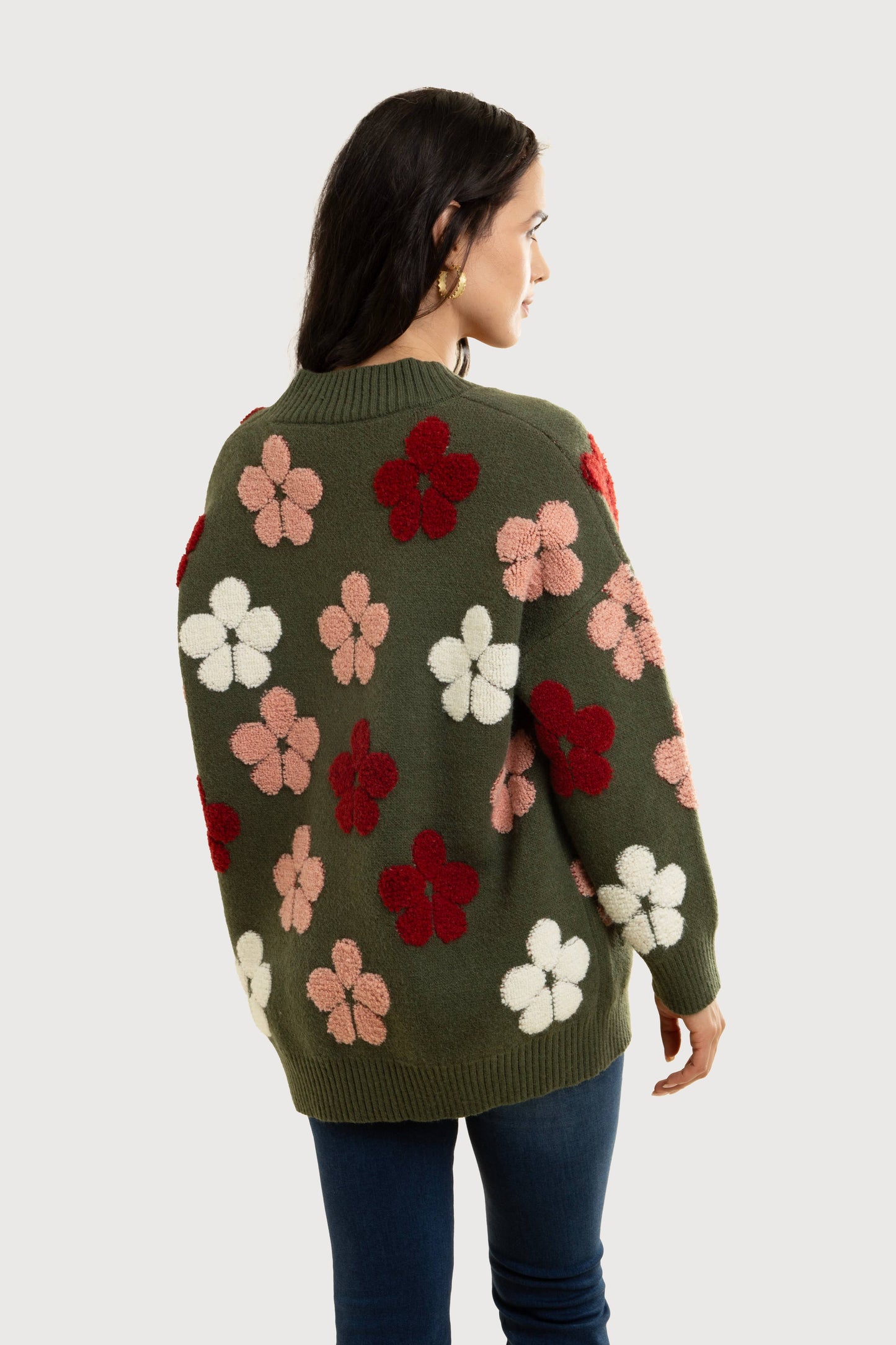 Autumn Floral Knit Cardigan - Forest