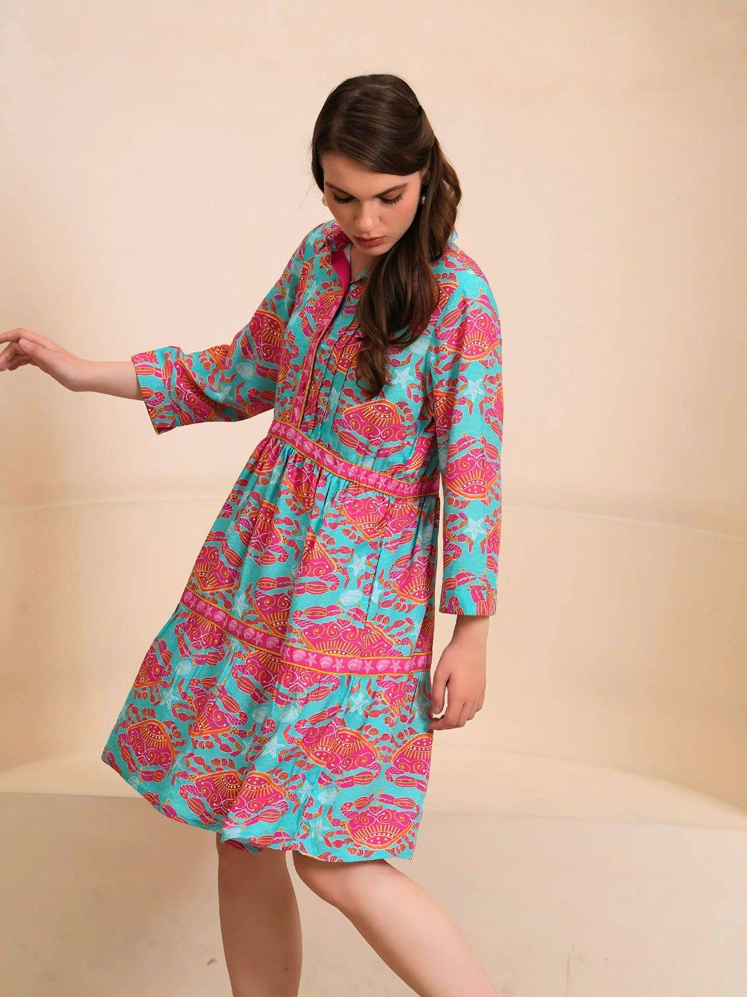 LAST CALL SIZE XS| Tropical Print Tiered Shirt Dress