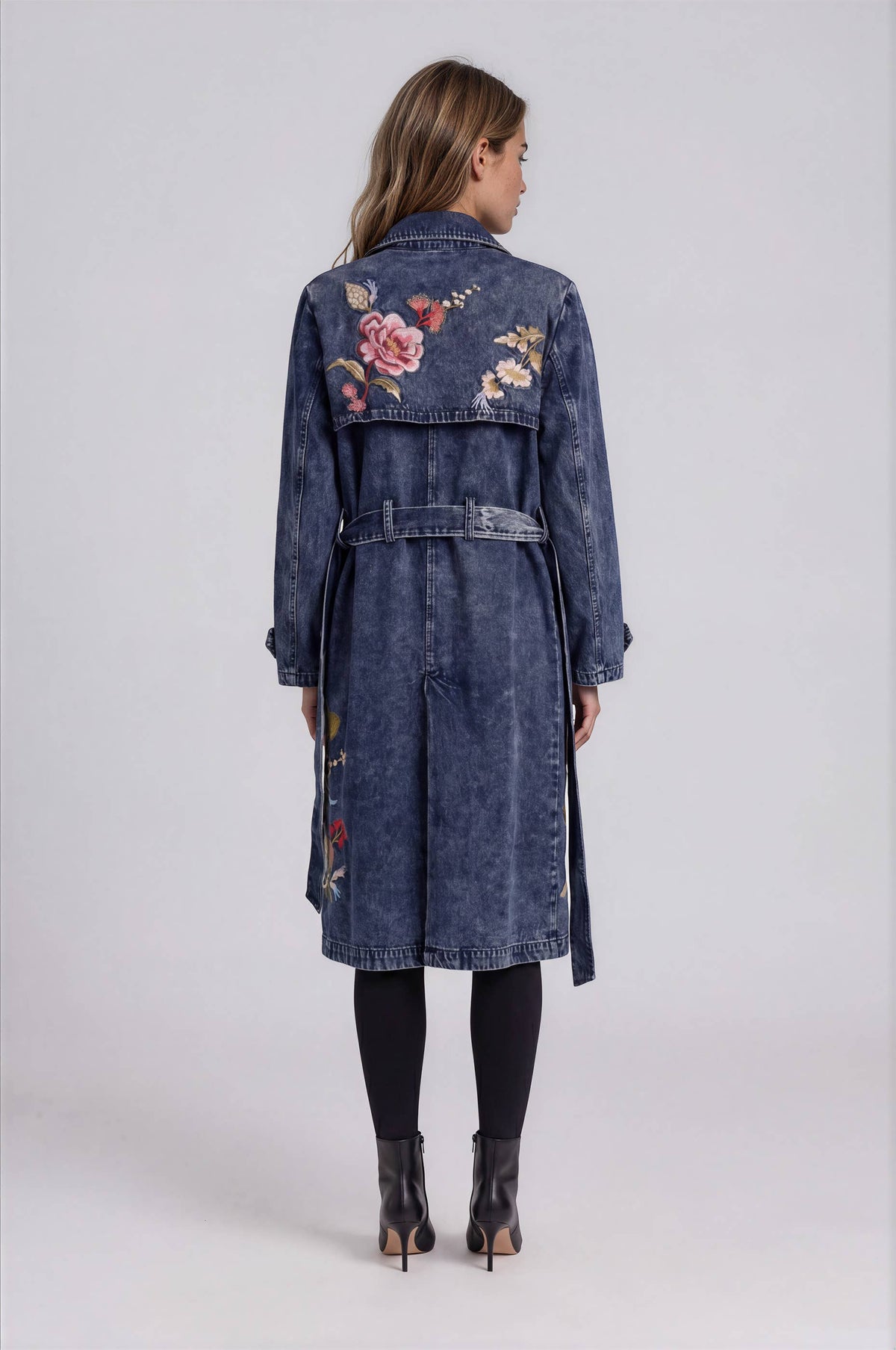 Embroidered Denim Trench Coat