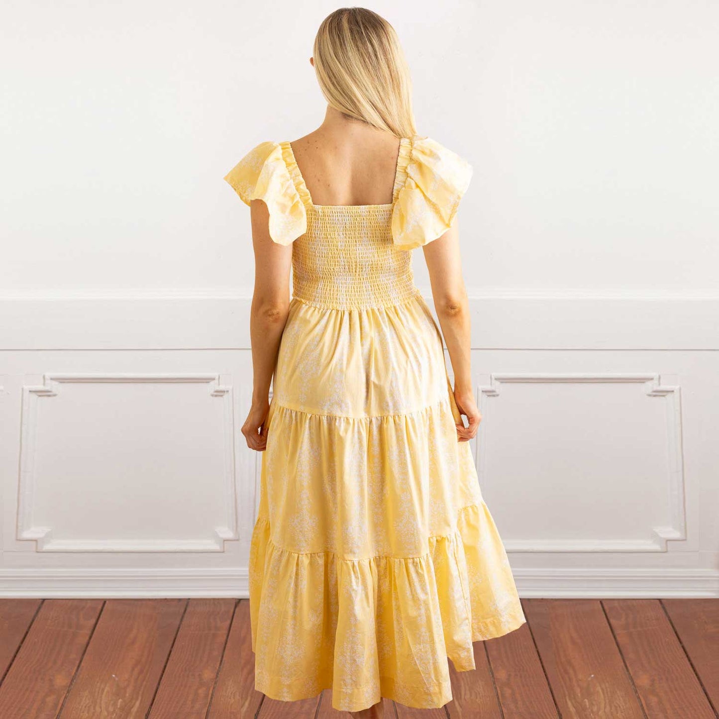 Golden Damask Flutter Sleeve Dress