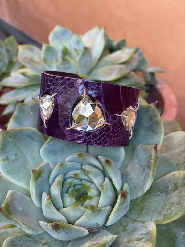 Plum Ostrich Leather & Crystal Cuff
