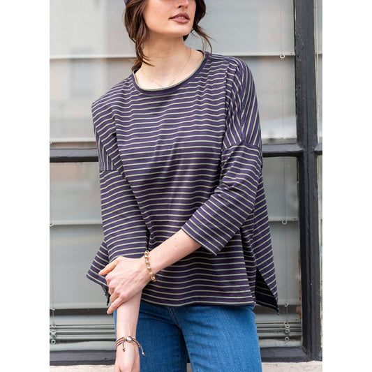 Catalina Slub Tee - Navy/Light Olive Stripe